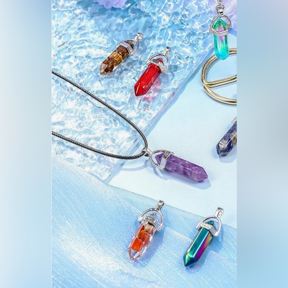 Crystal Gemstone Pointed Beads Pendant w/18 inch Leather Necklace-